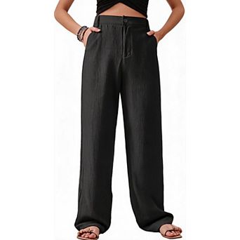 Women's High Waist Pants Summer Lightweight Straight Leg Casual Beach Vacation Outfits with Pocket