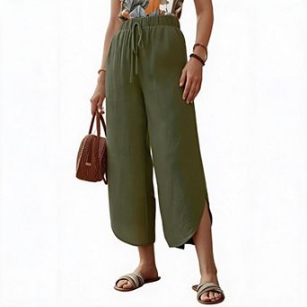 Women's Cropped Lounge Pants Summer Casual Elastic Waist Pant Loose Crop Trousers with Pockets