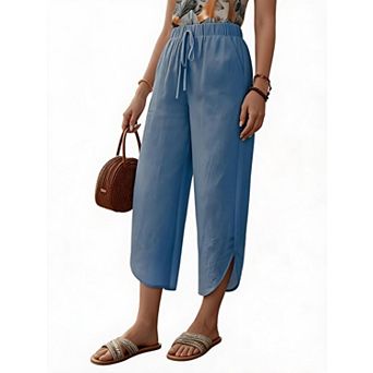 Women's Cropped Lounge Pants Summer Casual Elastic Waist Pant Loose Crop Trousers with Pockets