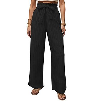 Womens Pleated Wide Leg Palazzo Pants Casual Drawstring Elastic Waist Beach Pants with Pockets