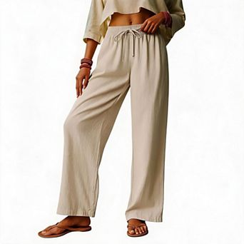 Womens Casual Pants Drawstring Waist Wide Leg Palazzo Work Pants Loose Fit Trousers with Pockets