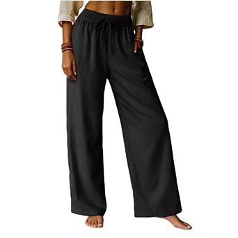 Womens Casual Pants Drawstring Waist Wide Leg Palazzo Work Pants Loose Fit Trousers with Pockets