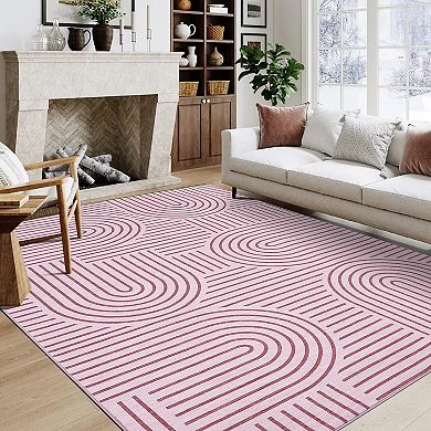 Washable Modern Rugs, Low Pile Geometric Abstract Line Rug Soft Stain Resistant Foldable Area Rug