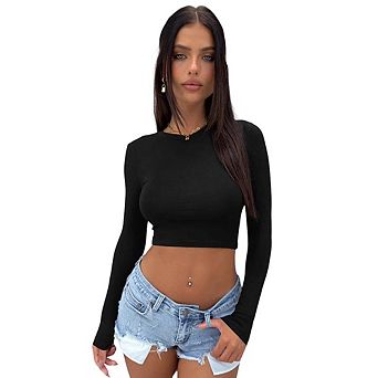 Women Crew Neck Slim Fit Long Sleeve Cropped Basic Top Stretchy Solid Basic Cropped Shirt