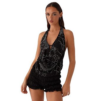Women Halter Deep V Rhinestone Embellished Sleeveless Tank Top Cowl Front Backless Design
