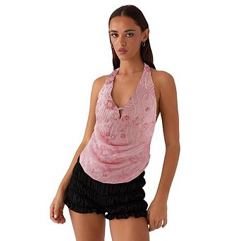 Women Halter Deep V Rhinestone Embellished Sleeveless Tank Top Cowl Front Backless Design