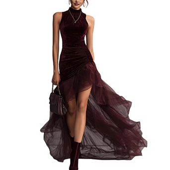 Women's High Neck Velvet Bodycon Dress Sleeveless Ruched Mesh Evening Cocktail Party Maxi Dress
