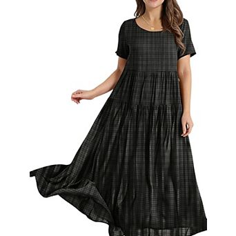 Womens Summer Loose Plaid Maxi Dress Casual Crew Neck Short Sleeve Long Beach Flowy Boho Dress