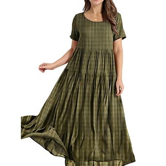 Womens Summer Loose Plaid Maxi Dress Casual Crew Neck Short Sleeve Long Beach Flowy Boho Dress