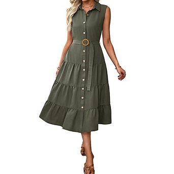 Women's Summer Midi Dresses Casual Sleeveless Collared V Neck Button Belted Tiered Boho Dress