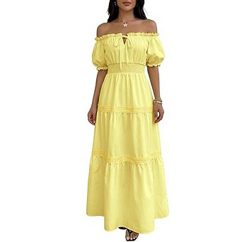 Womens Summer Puff Sleeve Off Shoulder Maxi Dress Casual Tiered Ruffle Flowy Long Dress