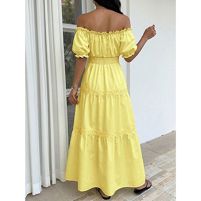 off shoulder maxi dress casual Clodeeu Women's Off Shoulder Maxi Dress, Casual Solid Color Split Hem Beach Dress with Pockets Gray,Women's Plus M, Size: Medium