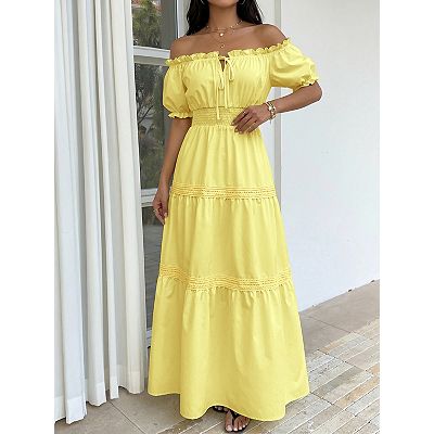 ruffle flowy maxi dress Womens Summer Puff Sleeve Off Shoulder Casual Tiered Long Dress layered ruffle dress with sleeves