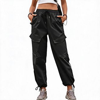 Womens Cargo Jogger Pants Elastic Waist Wide Leg Adjustable Leg Opening Parachute 4 Pockets Trousers