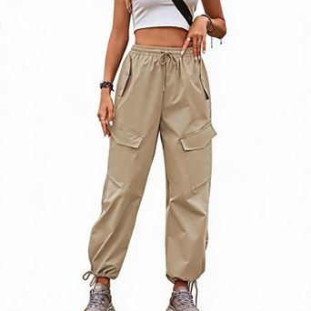 Womens Cargo Jogger Pants Elastic Waist Wide Leg Adjustable Leg Opening Parachute 4 Pockets Trousers