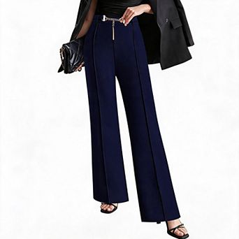 Womens Dressy Work Pants High Waisted Straight Leg Casual Business Slacks Trousers with Metal Belt