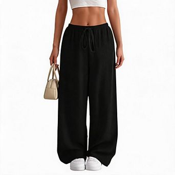 Womens Draped Palazzo Pants Casual Loose Lounge Wide Leg Fashion Beach Trousers with Drawstring