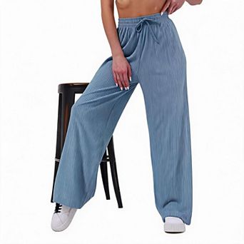 Womens Casual Stripe Palazzo Pant Wide Leg Lounge Bottom Drawstring Waist Long Trousers with Pockets