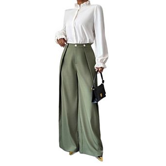Womens Baggy Wide Leg Pants 3 Button Zipper Side Pleated Business Casual Dress Trousers with Pockets