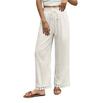 Womens Palazzo Pants Textured Wide Leg Floral Lace Hem Flowy Drawstring Beach Trousers with Pockets