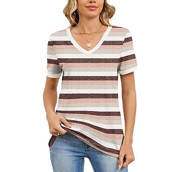 Women's Striped Color Block V Neck Casual Shirt Loose Short Sleeve T Shirt Top