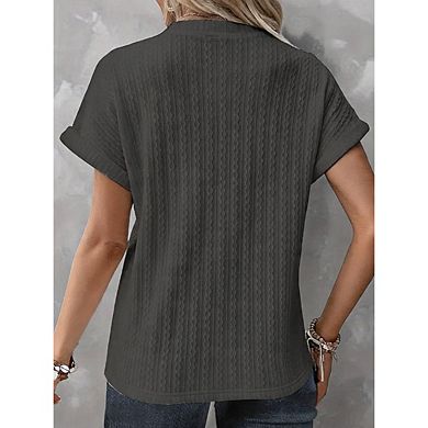 Women Split V Neck Textured Cable Knit Partial Button Rolled Short Sleeve Loose Fit