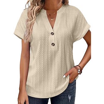 Women Split V Neck Textured Cable Knit Partial Button Rolled Short Sleeve Loose Fit