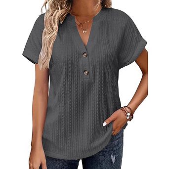 Women Split V Neck Textured Cable Knit Partial Button Rolled Short Sleeve Loose Fit