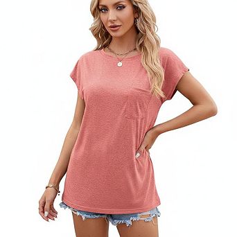 Women Crew Neck Cap Sleeve Chest Pocket Side Split Loose Fit Longline Casual Everyday Tunic T Shirt