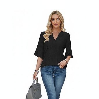 Women Split V Neck Eyelet Embroidery Flounce Three Quarter Sleeve Loose Fit Breathable Summer Blouse