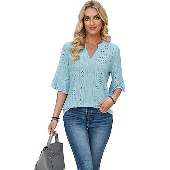 Women Split V Neck Eyelet Embroidery Flounce Three Quarter Sleeve Loose Fit Breathable Summer Blouse