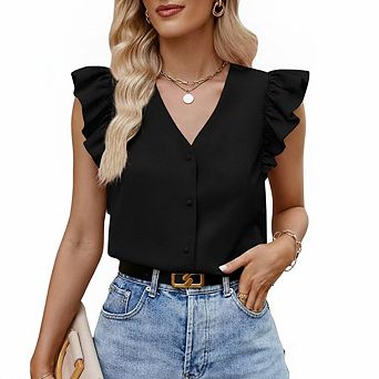 Women V Neck Ruffle Flutter Cap Sleeve Button Front Loose Fit Sleeveless Blouse