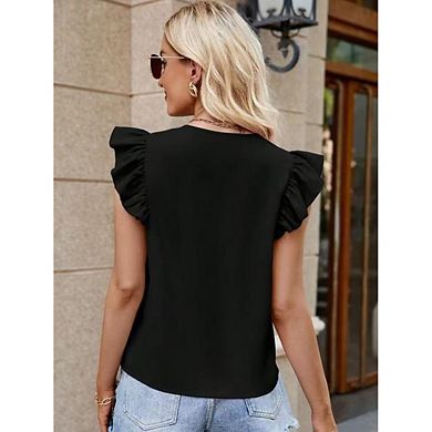 Women V Neck Ruffle Flutter Cap Sleeve Button Front Loose Fit Sleeveless Blouse