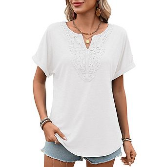 Women Notch V Neck Crochet Lace Insert Roll Cuff Short Sleeve Loose Fit Casual Everyday Blouse