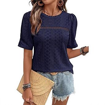 Women Round Neck Scalloped Trim Eyelet Embroidery Puff Short Sleeve Loose Fit Casual Summer T Shirt