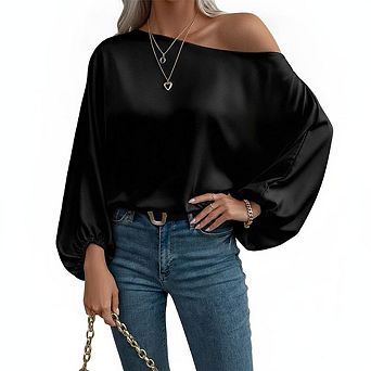 Women Asymmetric Off Shoulder Lantern Bubble Long Sleeve Loose Fit Flowy Elegant Casual Blouse