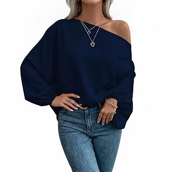 Women Asymmetric Off Shoulder Lantern Bubble Long Sleeve Loose Fit Flowy Elegant Casual Blouse