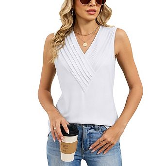 Women V Neck Front Cross Pleated Sleeveless Loose Fit Swing Tank Top Soft Knit Casual Everyday