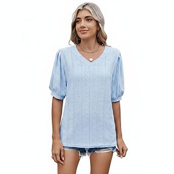 Women V Neck Eyelet Embroidery Puff Short Sleeve Loose Fit Breathable Casual Summer Everyday Blouse