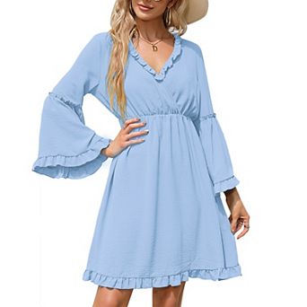 Women's V Neck Ruffle Trim Bell Long Sleeve Dress A Line Casual Vacation Mini Dress
