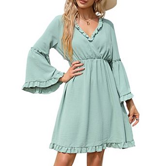 Women's V Neck Ruffle Trim Bell Long Sleeve Dress A Line Casual Vacation Mini Dress