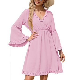 Women's V Neck Ruffle Trim Bell Long Sleeve Dress A Line Casual Vacation Mini Dress
