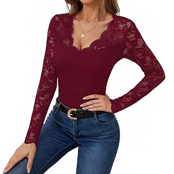 Women Scalloped V Neck Floral Lace Long Sleeve Ribbed Slim Fit Bodysuit Elegant Casual Going Out