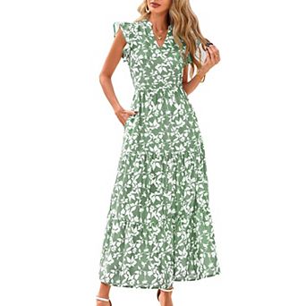 Women's Floral Print Notch V Neck Ruffle Cap Sleeve Tiered Ruffle Midi Dress