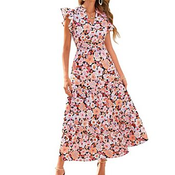 Women's Floral Print Notch V Neck Ruffle Cap Sleeve Tiered Ruffle Midi Dress