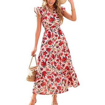 Women's Floral Print Notch V Neck Ruffle Cap Sleeve Tiered Ruffle Midi Dress