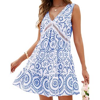 Women's Printed V Neck Sleeveless Dress Eyelet Lace Trim Ruffle Beach Vacation Casual Dress