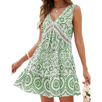 Women's Printed V Neck Sleeveless Dress Eyelet Lace Trim Ruffle Beach Vacation Casual Dress