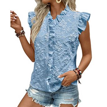Womens Floral Jacquard Blouse Ruffle Cap Sleeveless V Neck Button Down Casual Summer Top