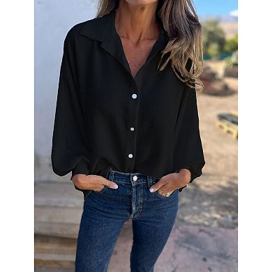 Women's Oversized Lapel Collar Button Down Shirt Loose Puff Cuff Long Sleeve Casual Blouse